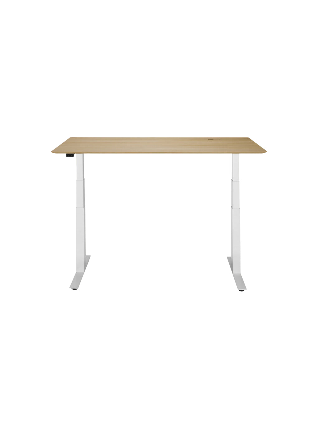 Ethnicraft Bok Adjustable Desk with a beautiful light oak tabletop and a crisp white adjustable frame, shown from the front, emphasizing its versatile and ergonomic design on a white background.