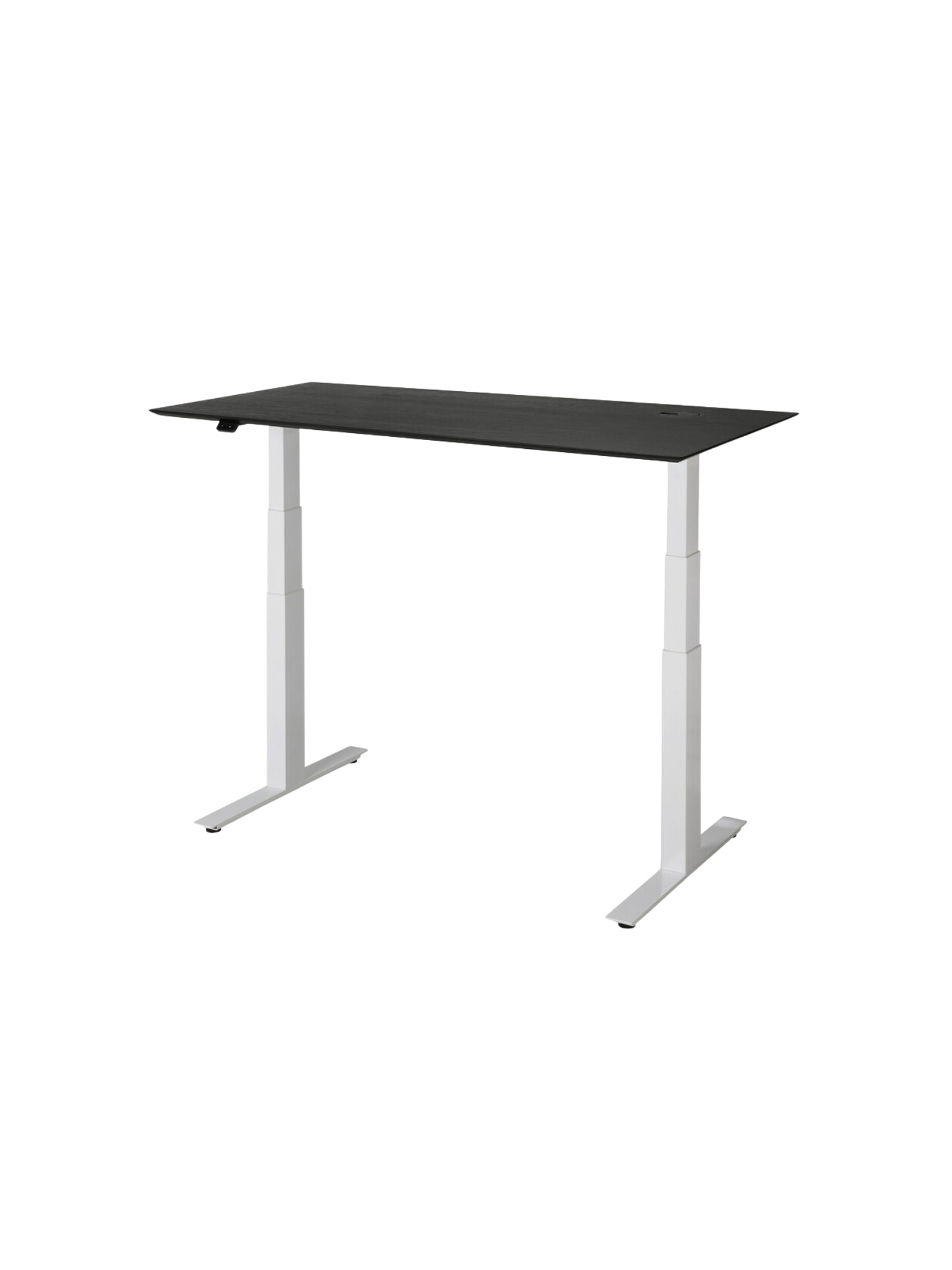Ethnicraft Bok Adjustable Desk, featuring a sleek black oak wood tabletop with a subtle grain, supported by robust white adjustable metal legs, presented at an angle on a clean white background. This modern, ergonomic desk is highly versatile.