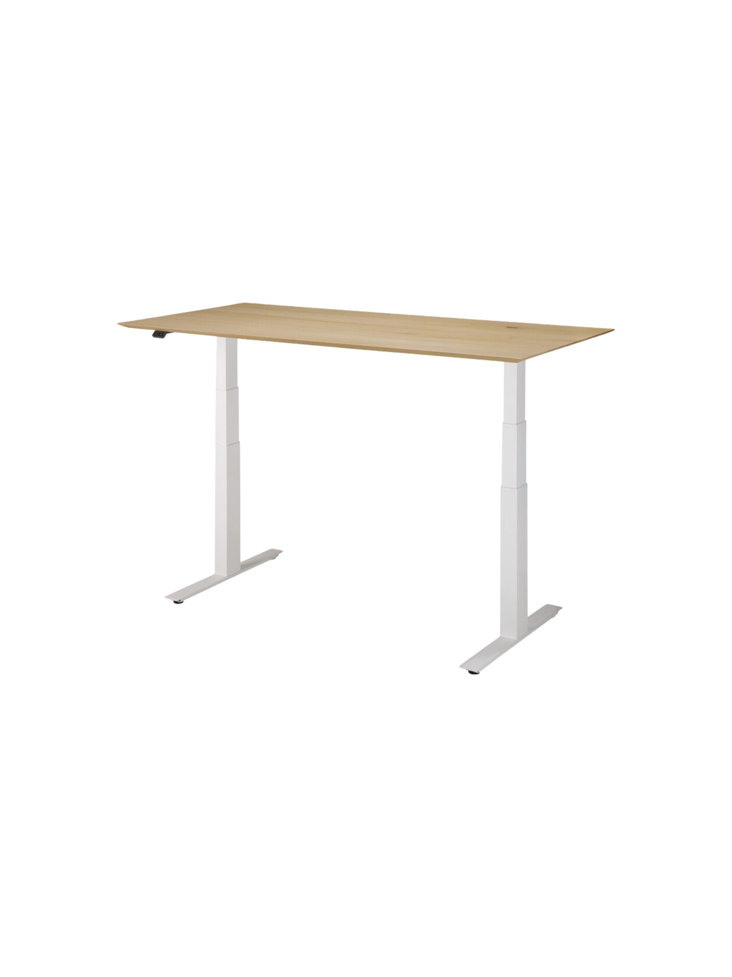 Ethnicraft Bok Adjustable Desk, a side view showcasing the light oak wood tabletop with its natural grain, supported by sturdy white adjustable metal legs. This modern, ergonomic desk is perfect for a dynamic workspace.