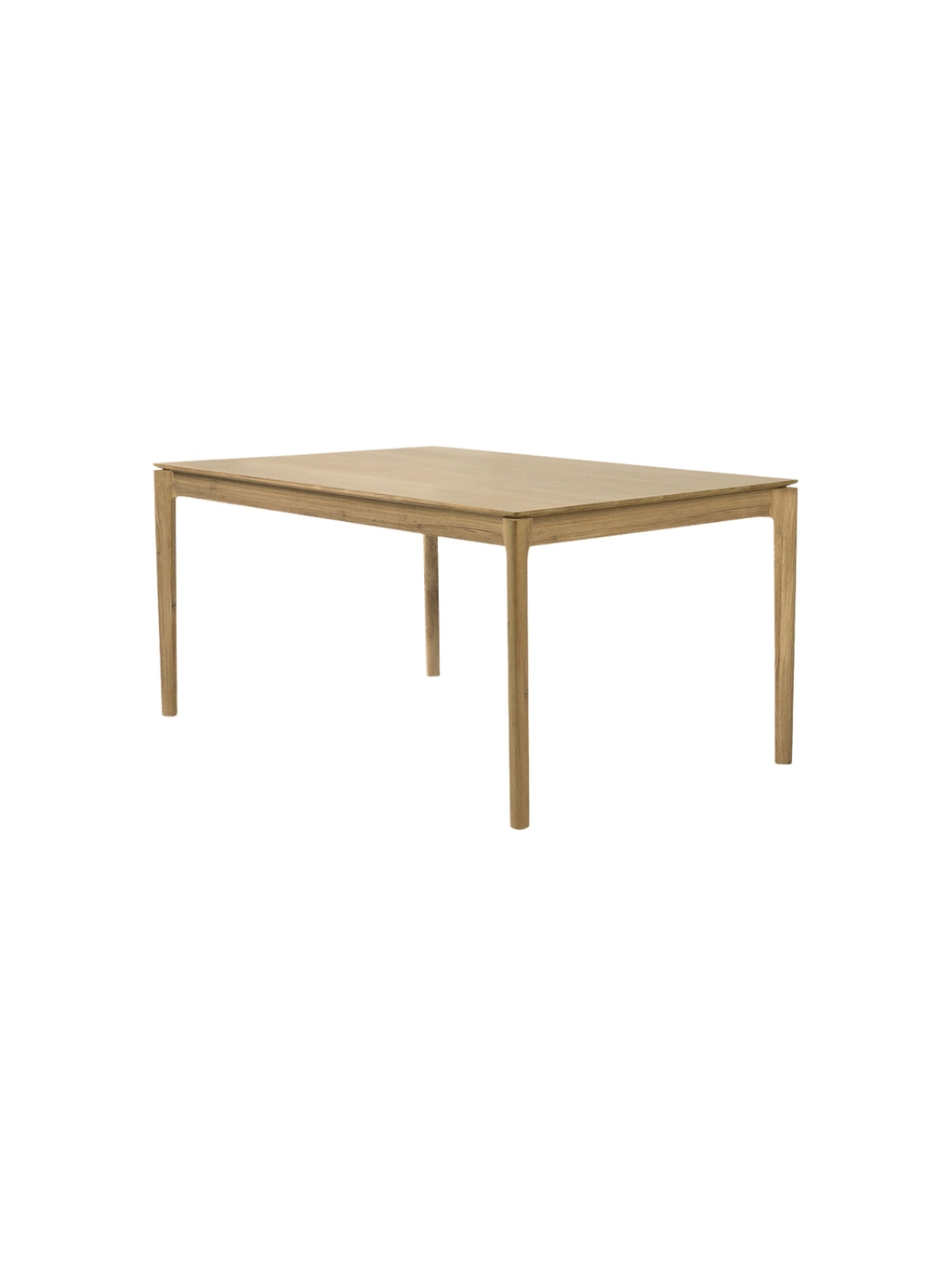 Ethnicraft Bok Dining Table, 140cm, made from light natural oak wood. This classic, rectangular table features a clean, minimalist aesthetic with subtly tapered legs and a smooth, pale wooden surface, displayed on a white background.