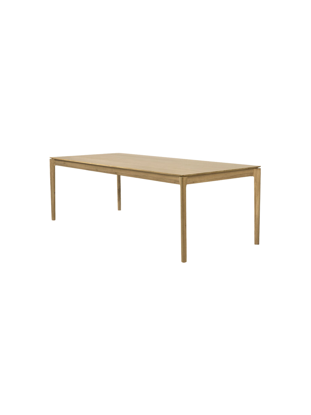 Ethnicraft Bok Dining Table, 200cm, in a light, natural oak finish. This expansive, rectangular table features a clean, contemporary design with subtly tapered legs and a smooth, pale wooden surface, presented on a white background.