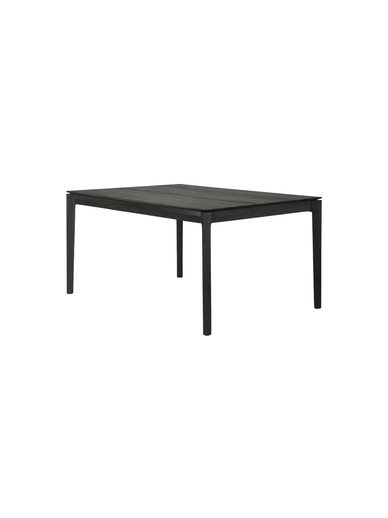 Ethnicraft Bok Dining Table in 140cm size, featuring a sophisticated black oak finish. The sleek, rectangular tabletop showcases a subtle wood grain, supported by four robust, minimalist legs, presented on a white background.