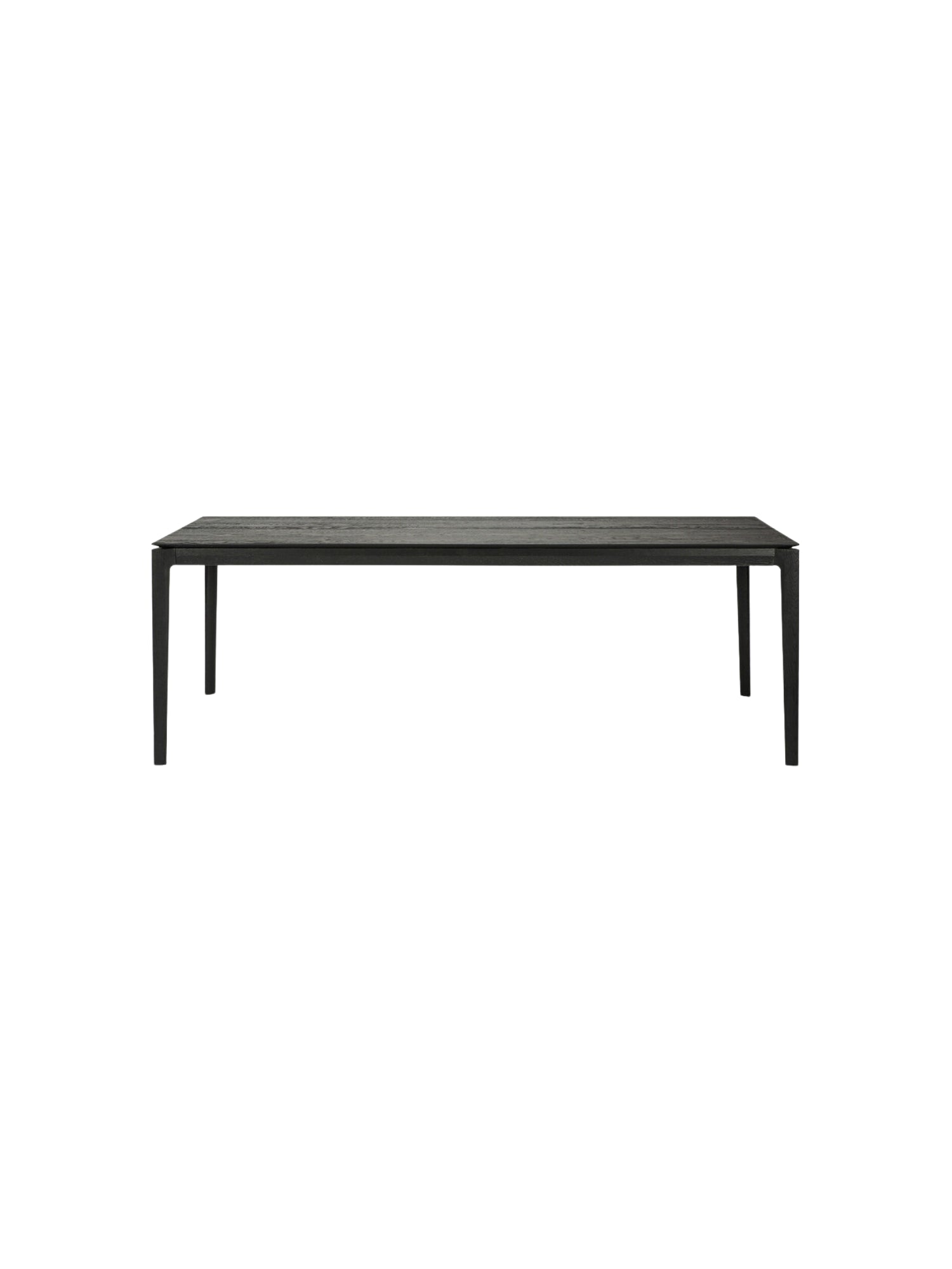 Ethnicraft Bok Dining Table, 220cm, in dark black oak wood, front view. Large, modern, and striking dining centerpiece.