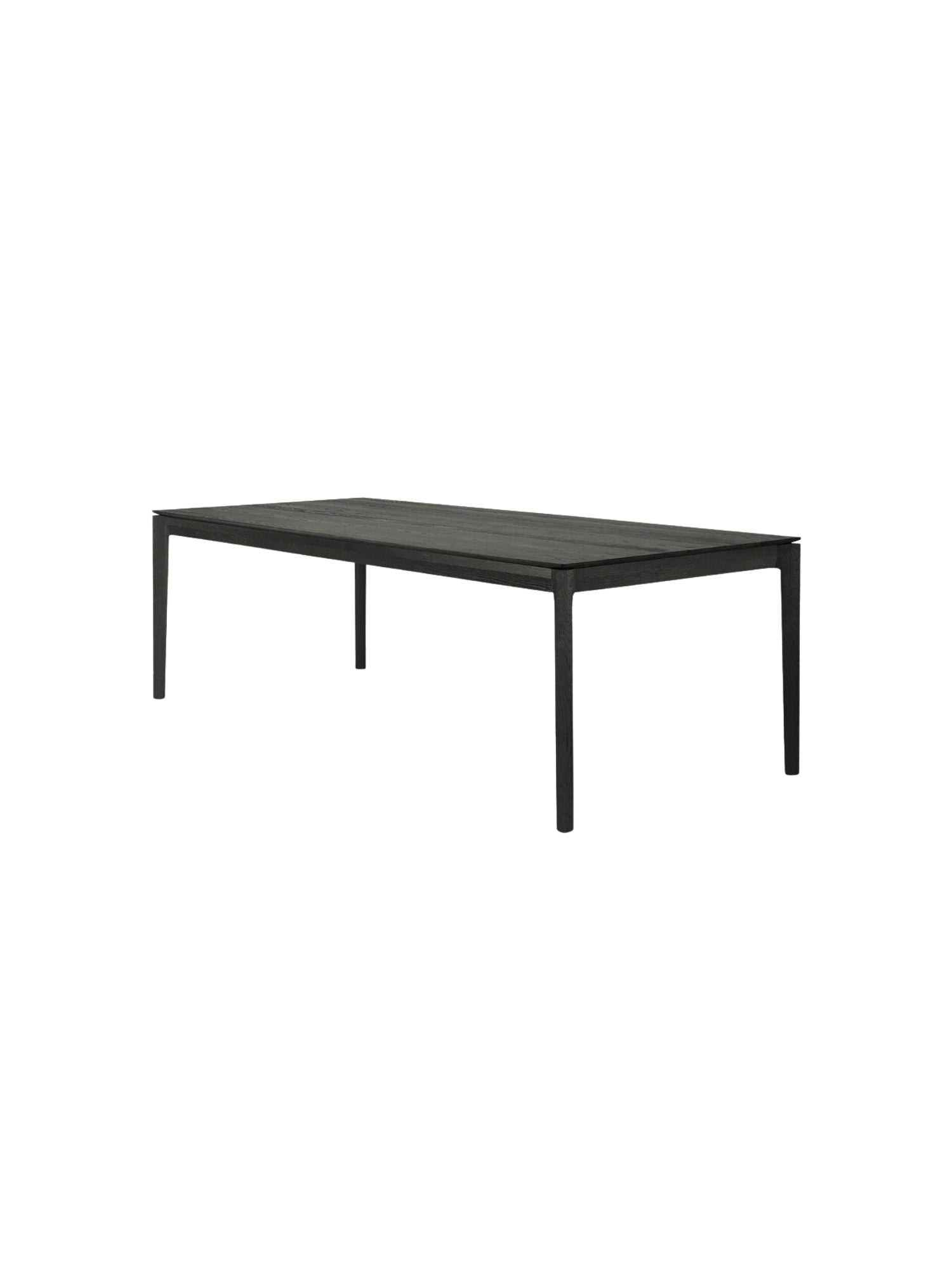 Ethnicraft Bok Dining Table, 220cm, in black oak, viewed from the side. Dark, sophisticated, and spacious.