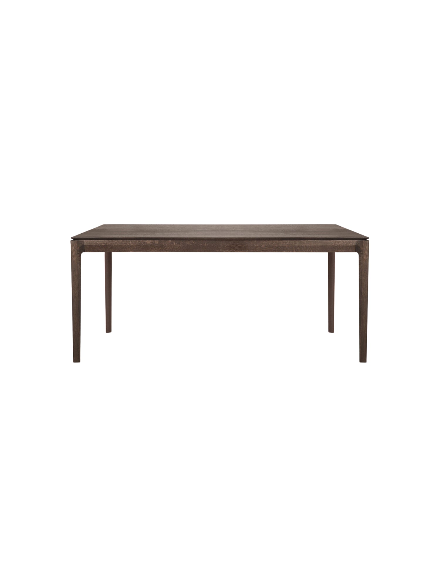 Ethnicraft Bok Dining Table, 180cm, in brown oak, viewed from the front. Sturdy, inviting, and versatile.