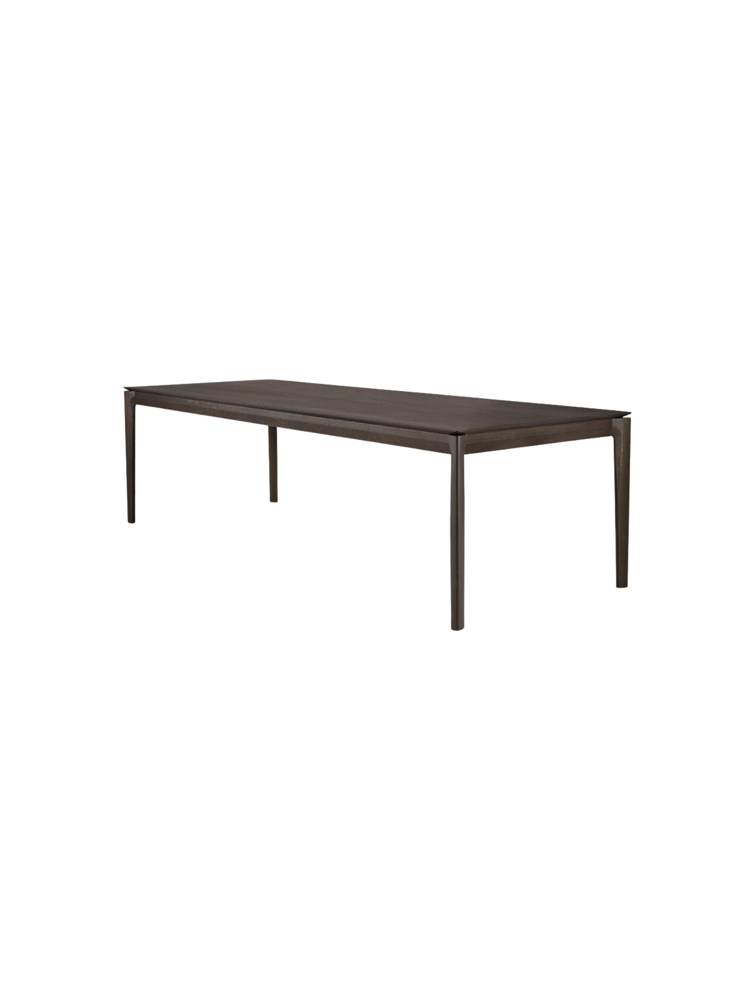 Ethnicraft Bok Dining Table, 240cm, in rich brown oak, viewed from the side. Elegant, minimalist design.