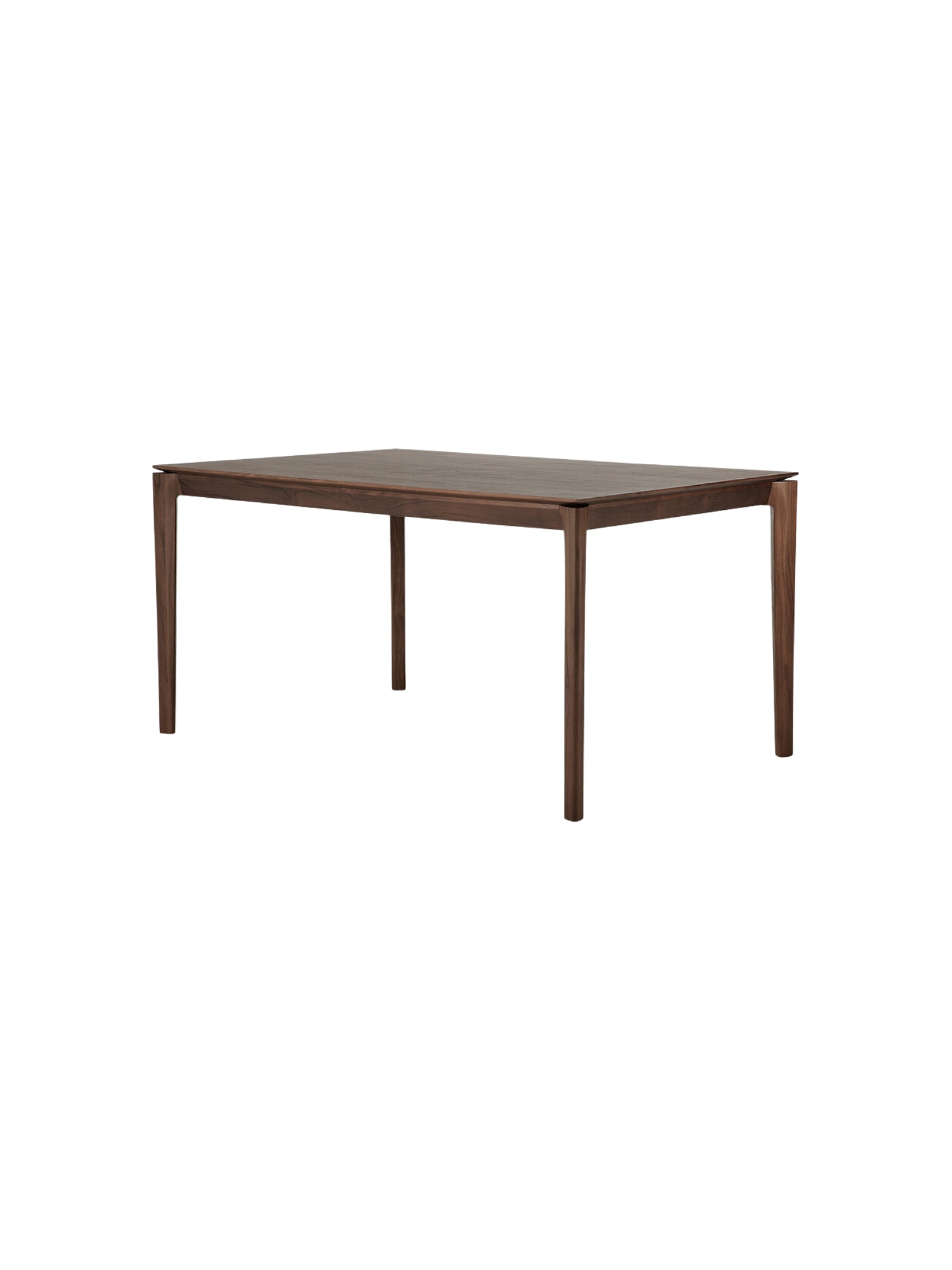 Ethnicraft Bok Dining Table, 140cm, crafted from beautiful dark brown teak wood. This compact, rectangular table offers a modern, sophisticated look with slender, angled legs and a smooth, rich-toned top, displayed on a white background.