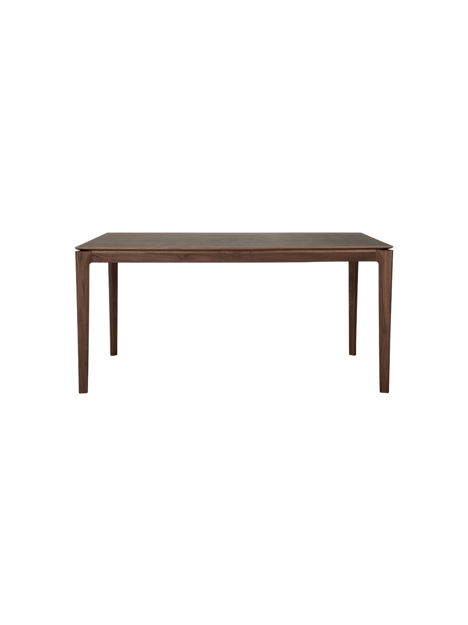 Ethnicraft Bok Dining Table, 160cm, in rich brown teak wood, front view. Beautiful grain, durable and elegant.