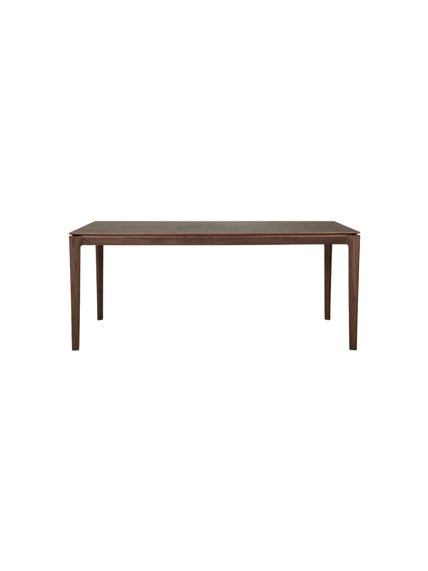 Ethnicraft Bok Dining Table in 180cm size, featuring a deep, rich brown teak wood finish. The front view emphasizes the table's elegant, rectangular form and the natural beauty of the teak grain, with sturdy, minimalist legs, on a white background.