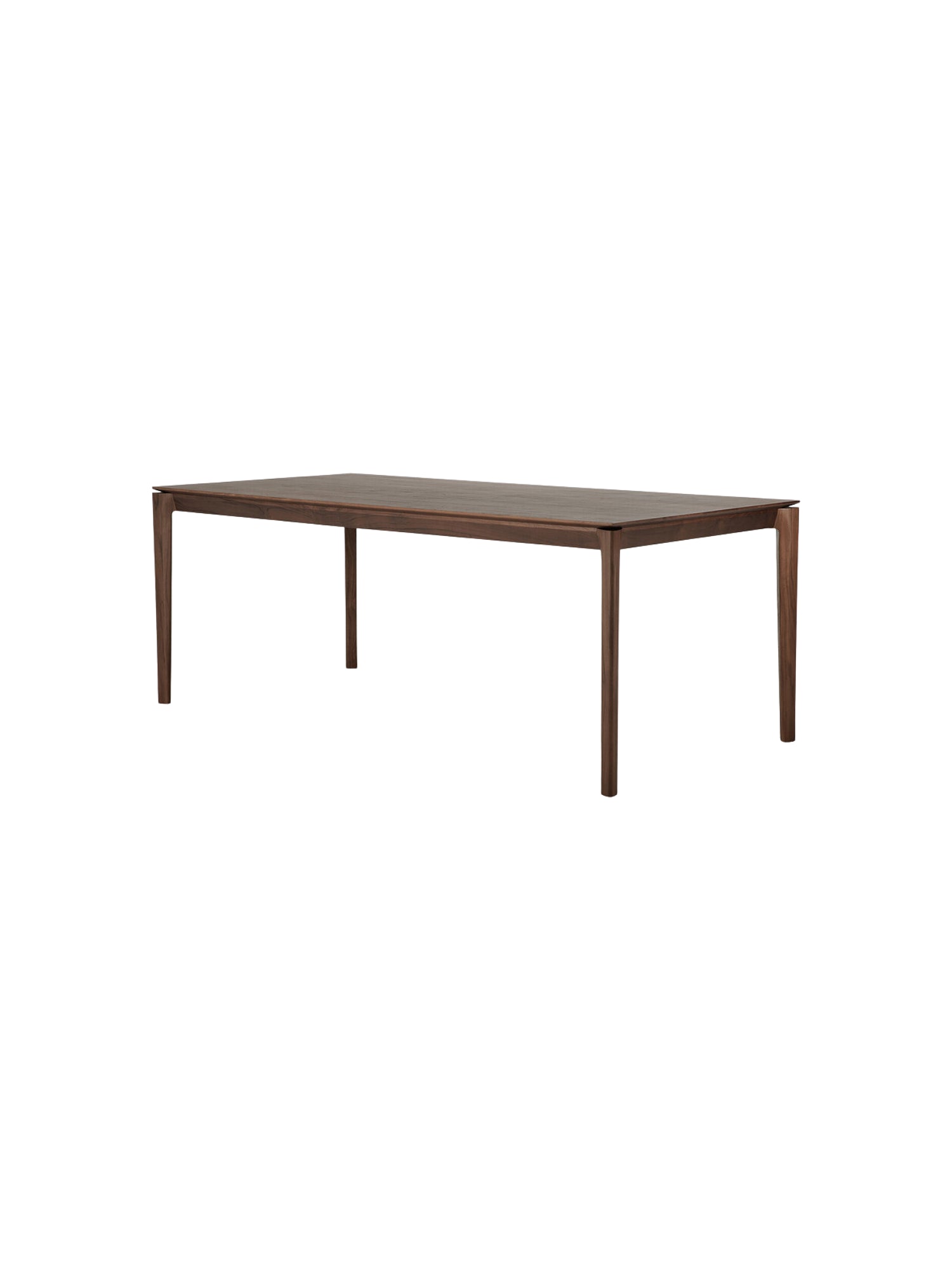 Ethnicraft Bok Dining Table, 200cm, in a warm, dark brown teak finish. This spacious, rectangular table features a timeless, elegant design with gracefully tapered legs and a smooth, inviting wooden surface, presented on a white background.