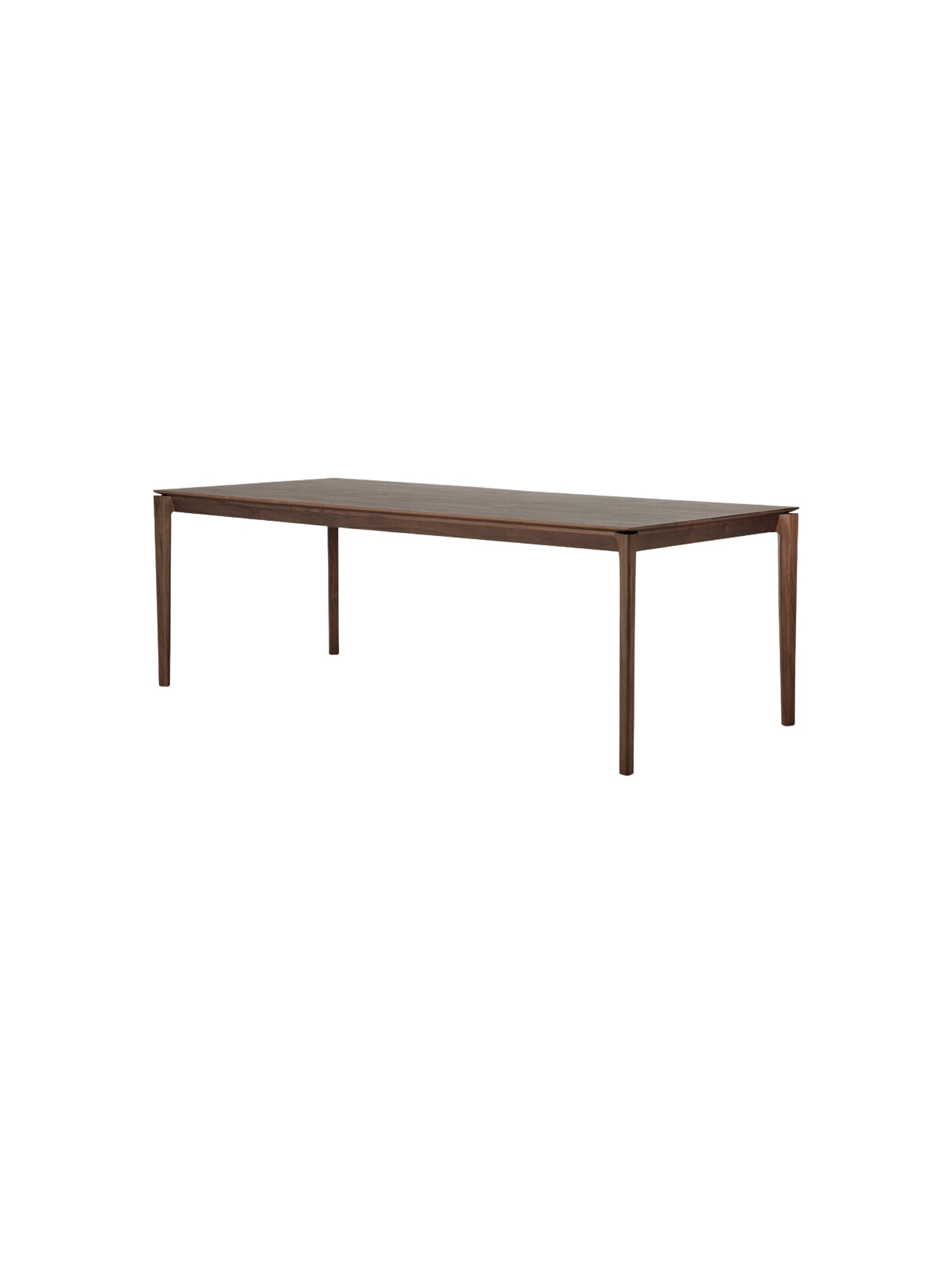 Ethnicraft Bok Dining Table, 220cm, in a rich, dark brown teak finish. This elegant, long rectangular table boasts a refined, contemporary design with slim, angled legs and a smooth, deep-toned wooden top, shown on a white background.