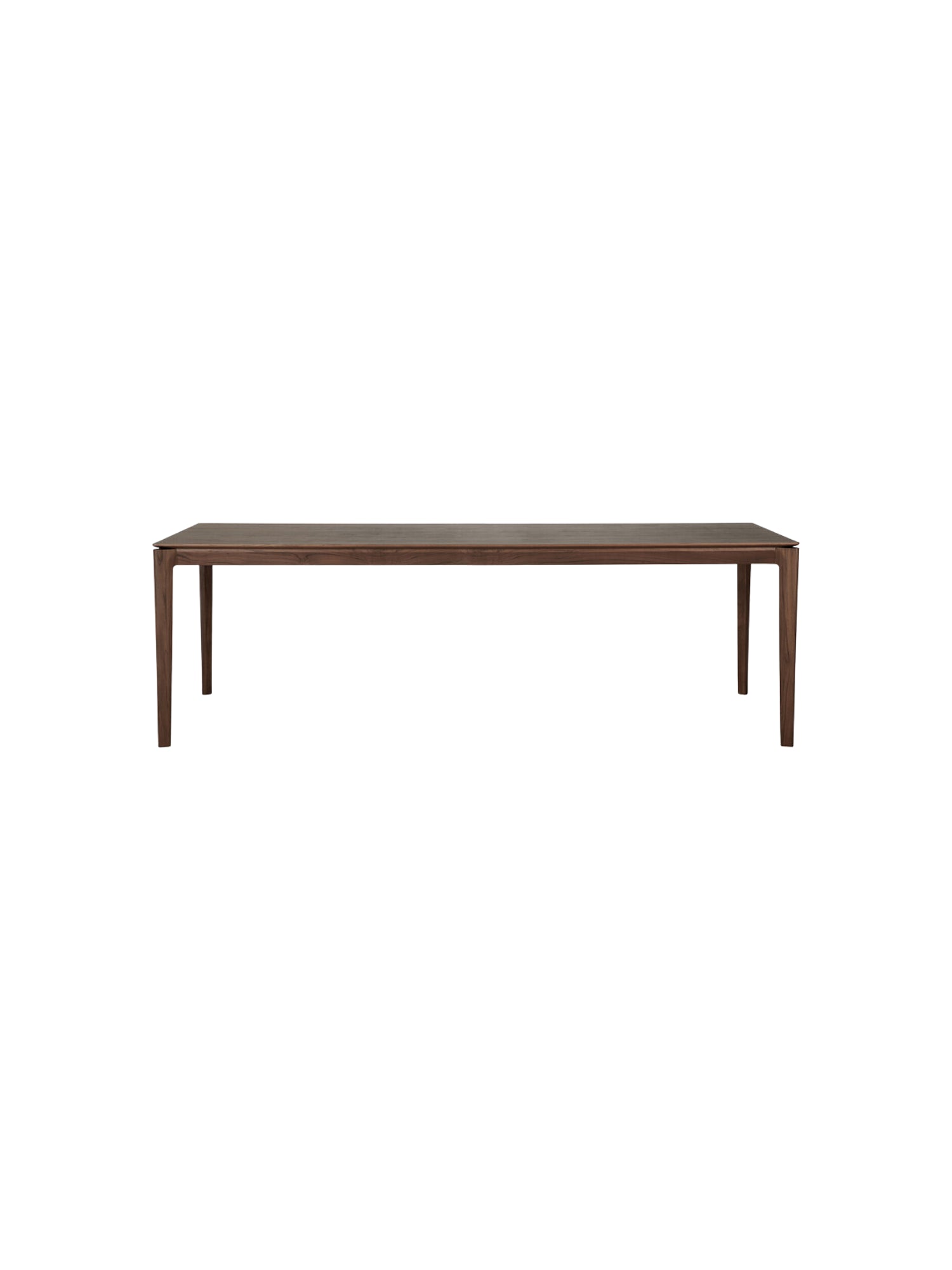 Ethnicraft Bok Dining Table, front view of dark brown teak wood, elegant and sturdy, 240cm length.