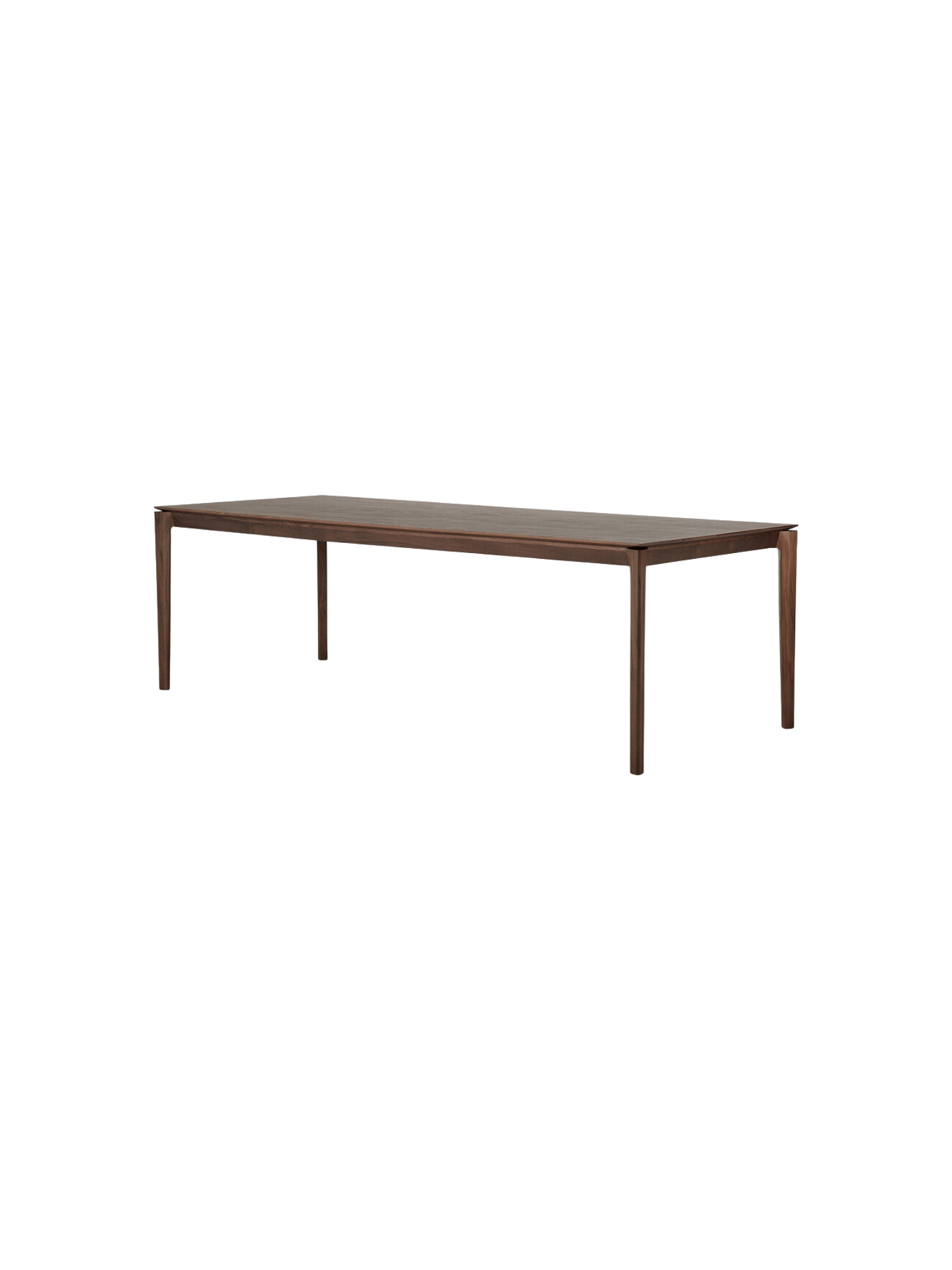 Ethnicraft Bok Dining Table in a large 240cm size, made from dark brown teak wood. The side view showcases the table's expansive, rectangular surface and the luxurious, deep tones of the teak, with strong, tapered legs, on a white background.