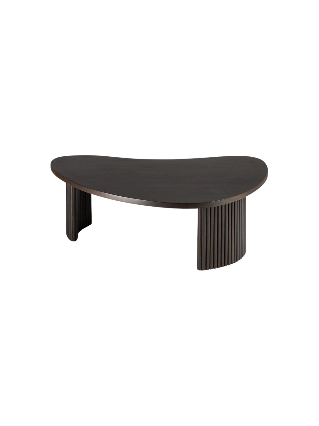 Ethnicraft Boomerang Coffee Table, a single 126cm dark brown mahogany table, showcasing its elegant curved silhouette and the unique slatted design of its sturdy base from a rear perspective on white.