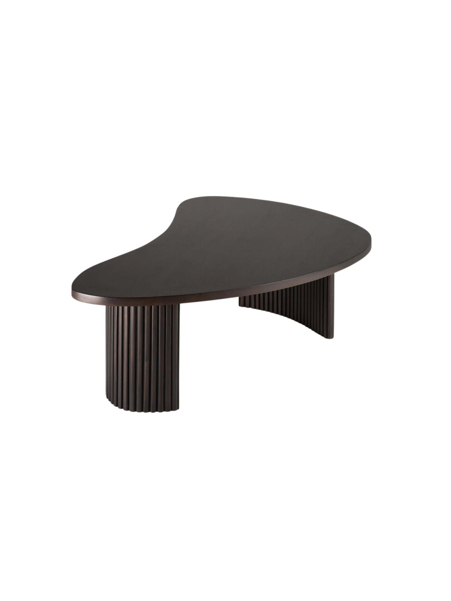Ethnicraft Boomerang Coffee Table, a single 126cm dark brown mahogany table, viewed from the side to highlight its graceful curved top and the intricate vertical slat detailing of its modern base on white.
