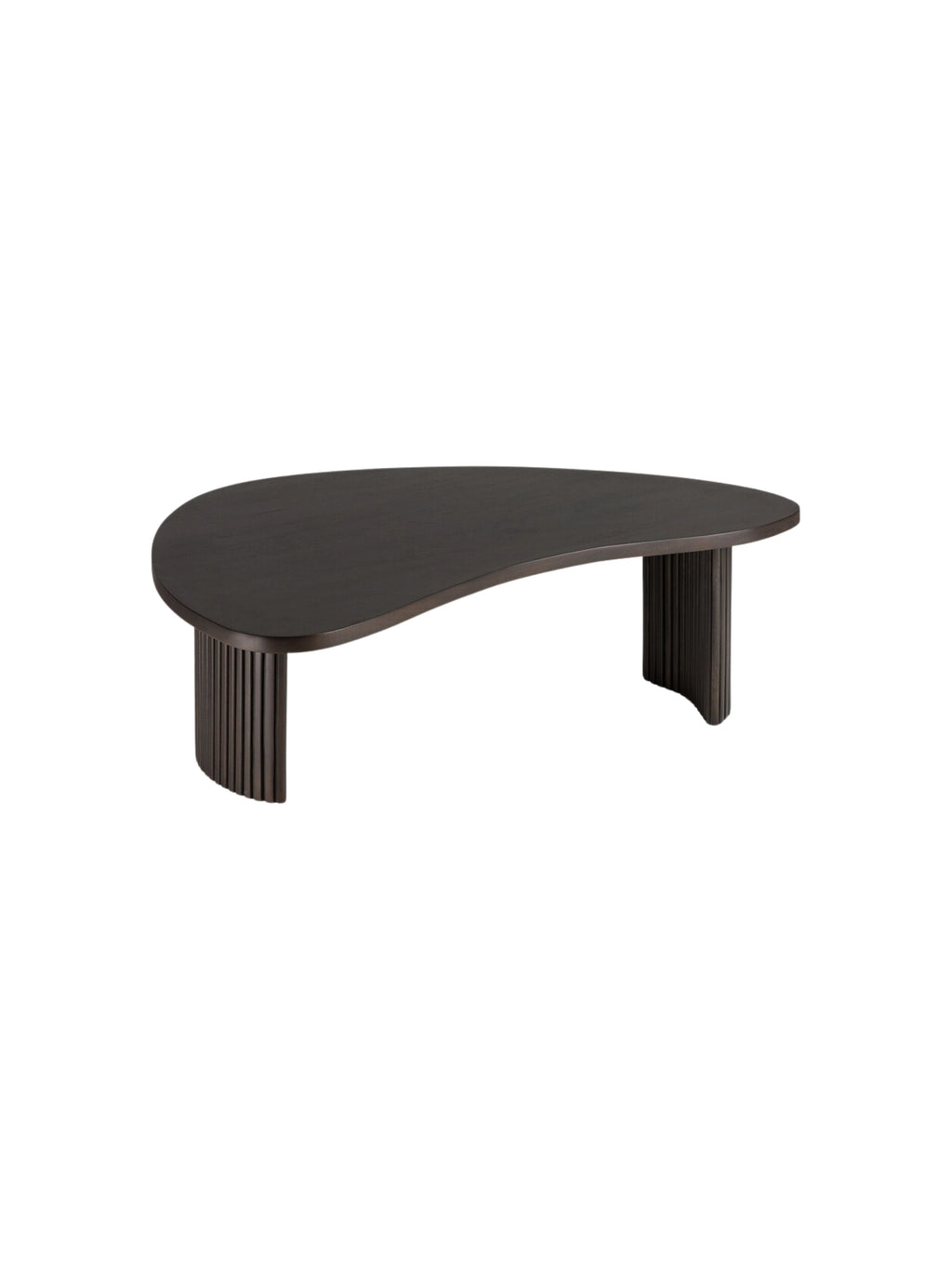 Ethnicraft Boomerang Coffee Table 90cm in dark brown mahogany, a direct front view showcasing its distinctive curved silhouette and robust fluted support structure.