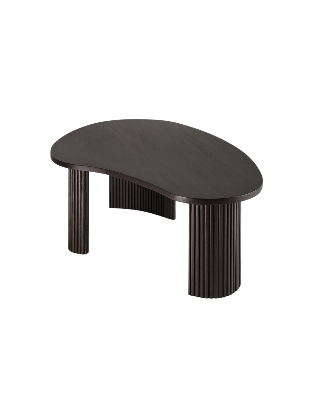 Ethnicraft Boomerang Coffee Table 90cm in dark brown mahogany, captured from a side angle, emphasizing its sleek profile and the elegant fluted texture of its base.