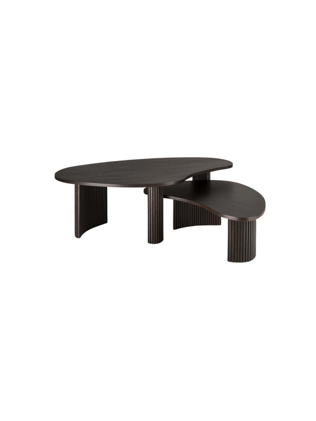 Ethnicraft Boomerang Coffee Table set, two dark brown mahogany tables with distinct organic shapes, artfully arranged and overlapping on a pristine white background.