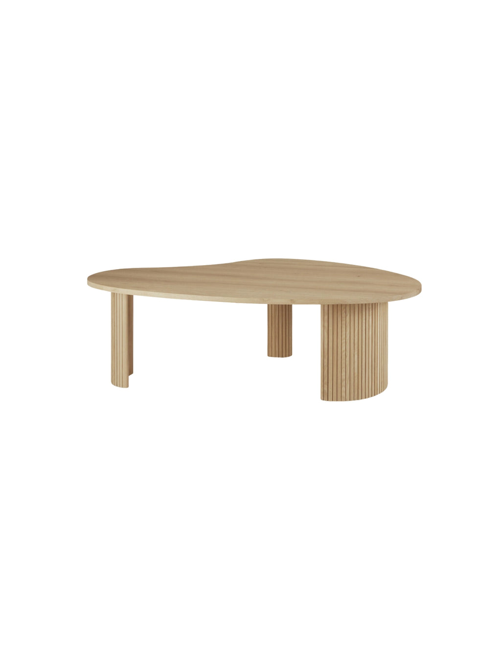 Ethnicraft Boomerang Coffee Table in Oak, 126 cm, presented from a front-facing view. This elegant, modern piece highlights its unique organic tabletop shape and the light, natural solid oak with distinctive fluted legs, on a white background.