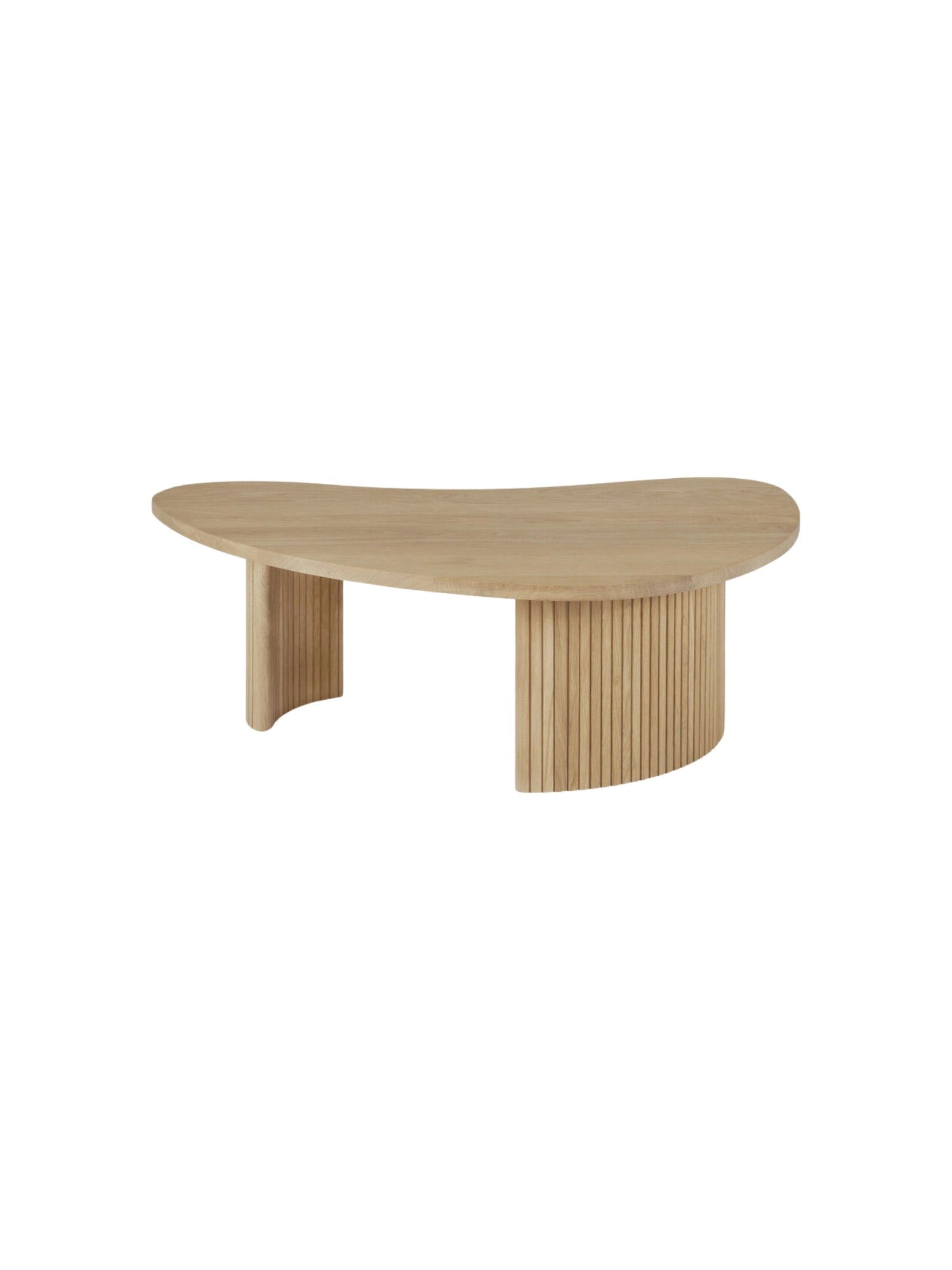 Ethnicraft Boomerang Coffee Table in Oak, 126 cm, captured from a side angle. This modern, elegant piece features a light, natural oak finish with a distinctive organic tabletop and beautifully fluted solid wood legs, on a white background.