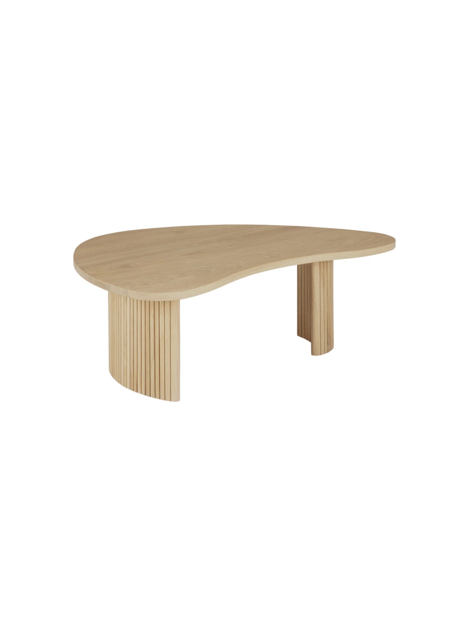Ethnicraft Boomerang Coffee Table in Oak, 126 cm, showcasing its unique organic, curved tabletop and sturdy fluted solid oak legs from a side perspective. The light, natural wood grain is visible, displayed on a white background.