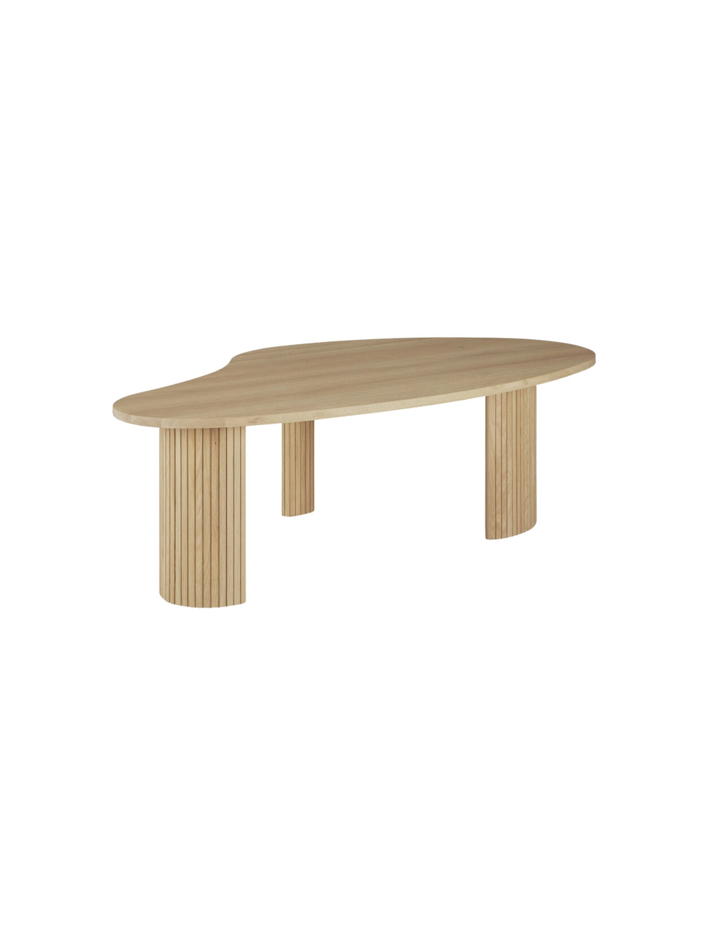 Ethnicraft Boomerang Coffee Table, 90cm, showcasing its elegant back view. This modern oak wood table features a distinctive curved top and two fluted, textured cylindrical legs, presented on a clean white background.