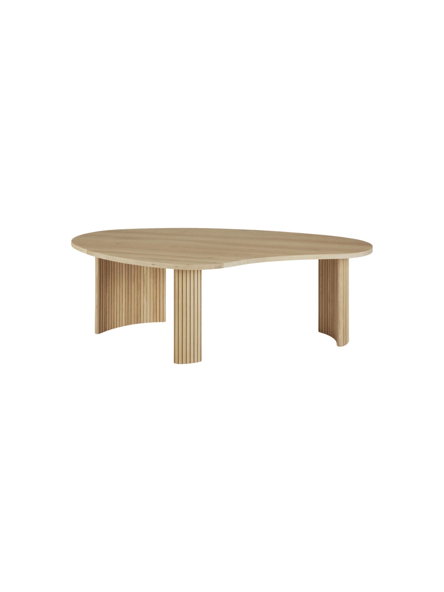 Ethnicraft Boomerang Coffee Table, 90cm, a contemporary oak wood table with an elongated, organic boomerang-like tabletop. Supported by two fluted, textured cylindrical legs, showcasing its minimalist design on a white background.