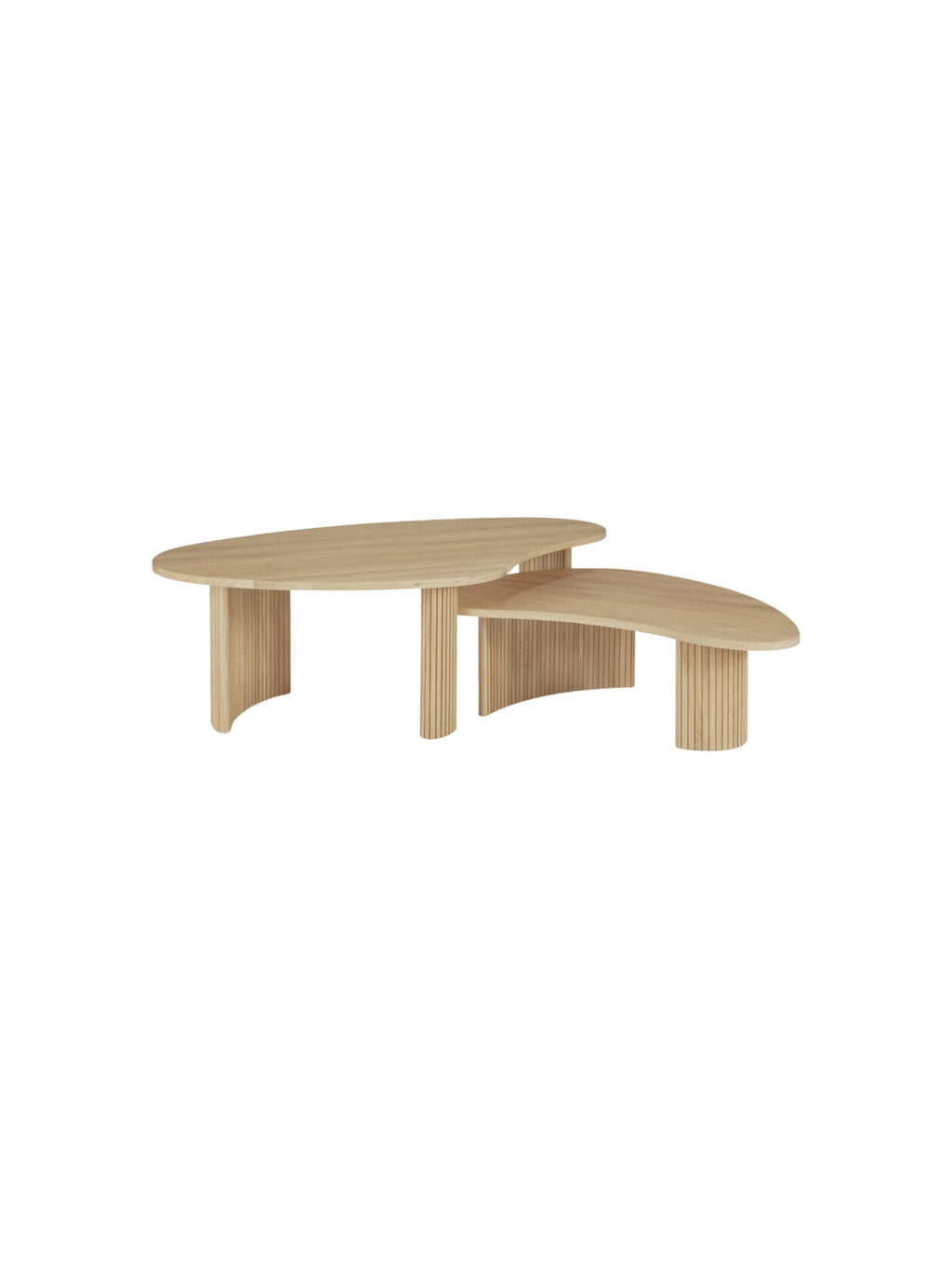 Ethnicraft Boomerang Coffee Table set, displaying two oak wood tables with unique, curved organic shapes. The larger table is positioned behind the smaller one, both featuring fluted, textured cylindrical legs, on a white background.