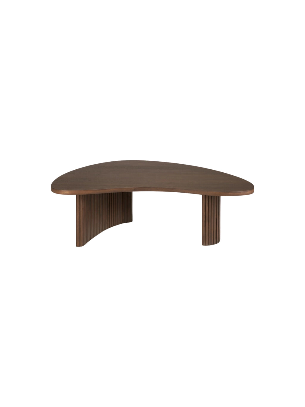 Ethnicraft Boomerang Coffee Table, 126 cm, in a beautiful dark brown teak finish, shown from the front, emphasizing its elongated, organic shape and the modern, ribbed support legs on a white background.