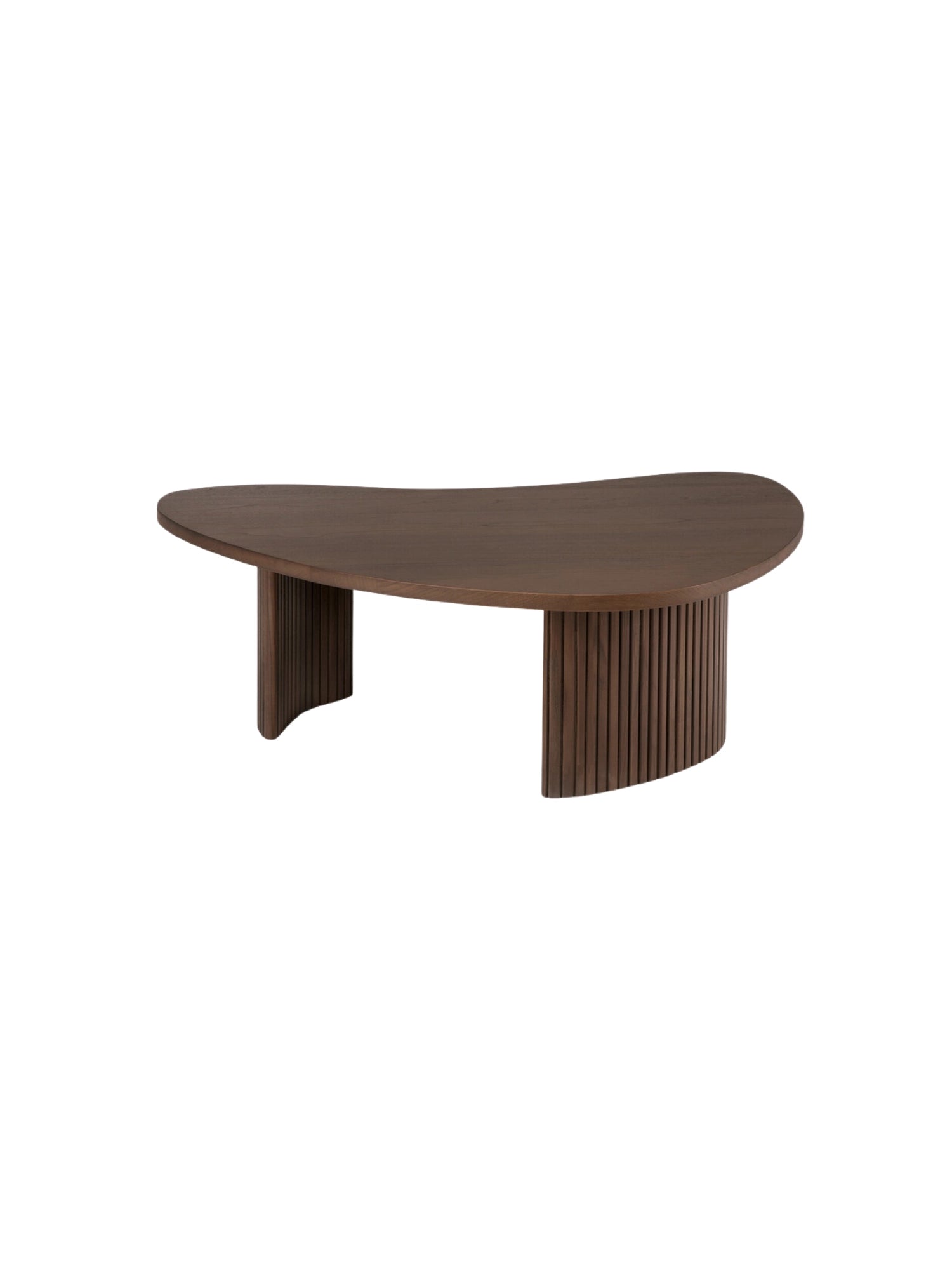 Ethnicraft Boomerang Coffee Table, 126 cm, made of elegant brown teak, captured from a side perspective, revealing its distinctive curved silhouette and the contemporary fluted base design on a white background.