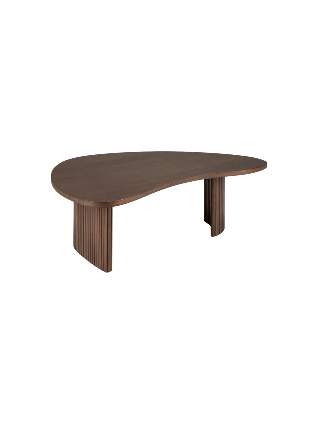 Ethnicraft Boomerang Coffee Table, 126 cm, crafted from premium brown teak wood, presented from a side angle, highlighting its fluid, asymmetrical design and sturdy fluted legs on a white background.