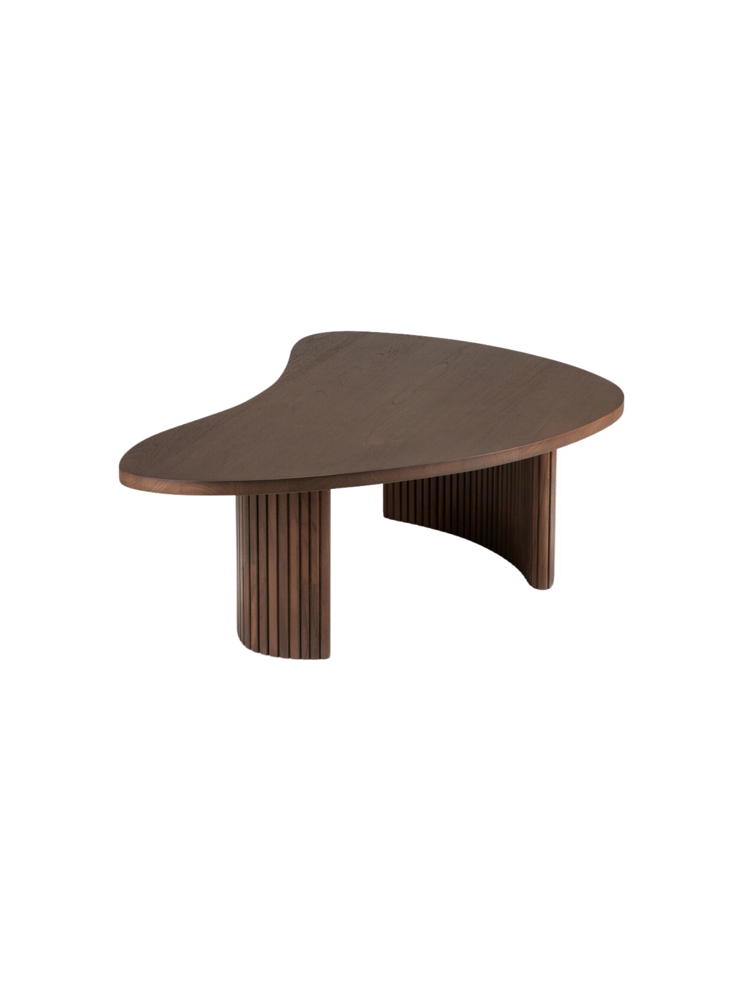 Ethnicraft Boomerang Coffee Table, 126 cm, in a sophisticated brown teak, displayed from an angled side view, showcasing its unique, flowing tabletop and the artfully ribbed, solid wood legs on a white background.