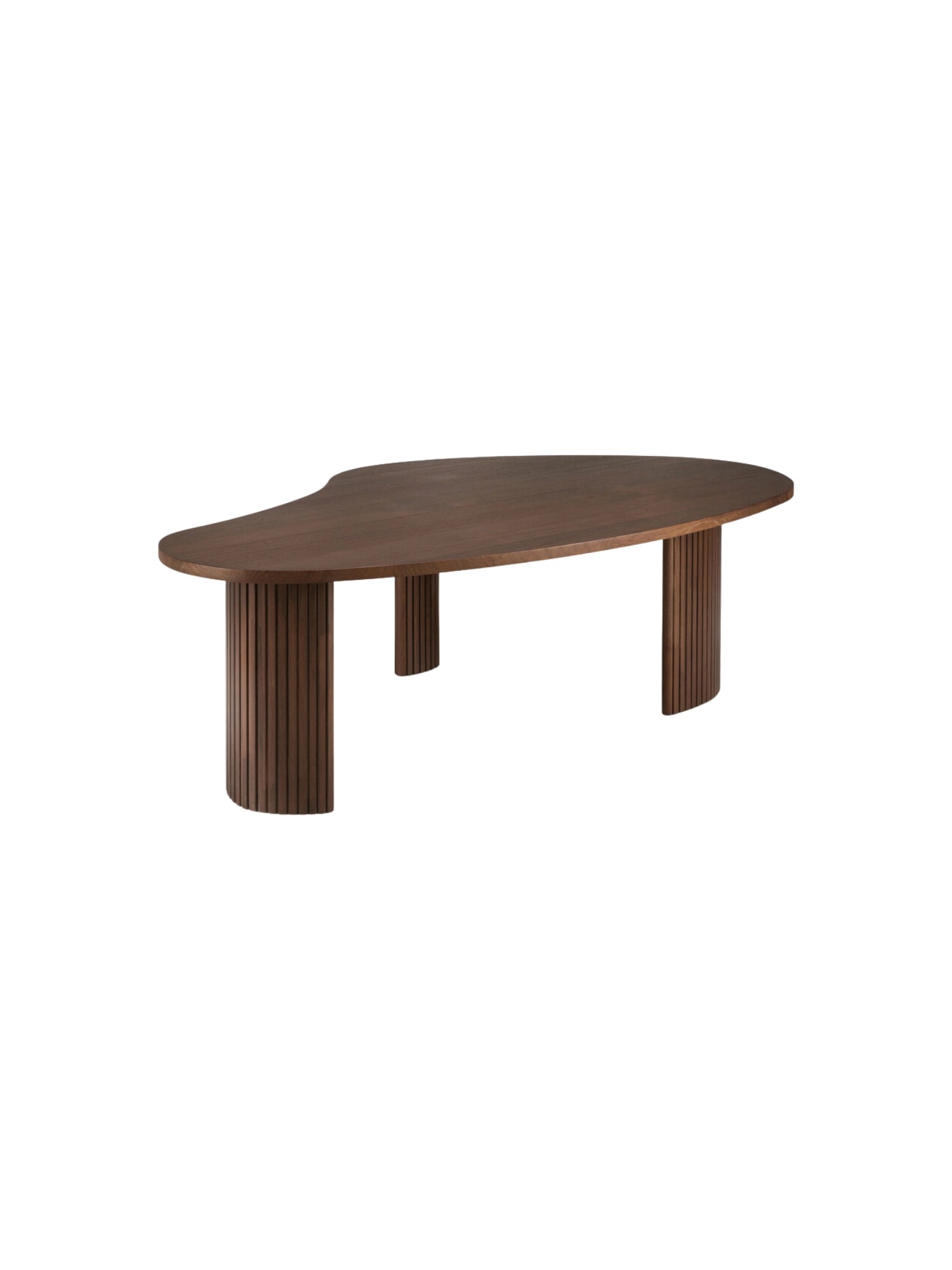 Ethnicraft Boomerang Coffee Table in Teak Brown, 90 cm, showcasing its unique organic shape and fluted solid wood legs from a side view, displayed on a clean white background. This elegant, modern piece features rich, dark brown wood grain.