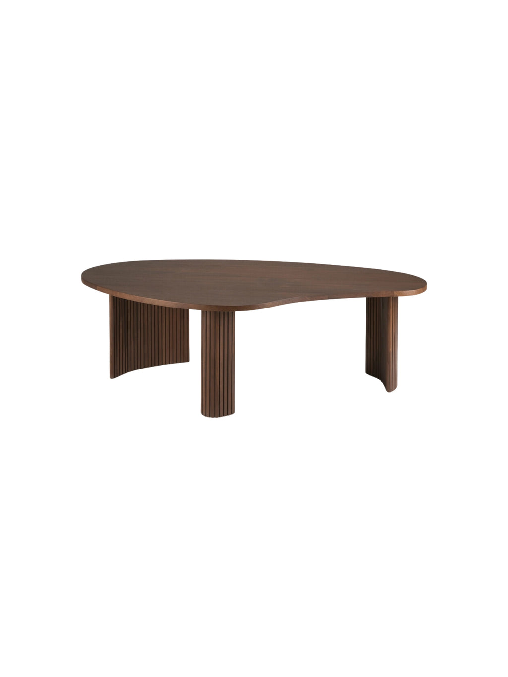 Ethnicraft Boomerang Coffee Table in Teak Brown, 90 cm, presented from a front-facing angle. This elegant, modern piece highlights its unique organic tabletop shape and the rich, dark brown solid wood with distinctive fluted legs, on a white background.