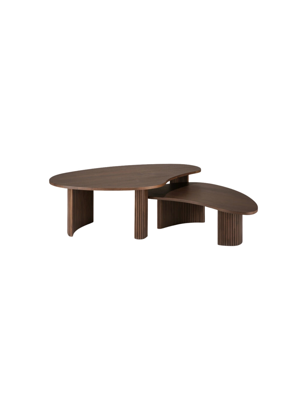 Ethnicraft Boomerang Coffee Table set in Teak Brown, showcasing two tables of varying sizes with their distinct organic shapes. The rich, dark brown solid wood features elegant fluted legs, presented together on a crisp white background.
