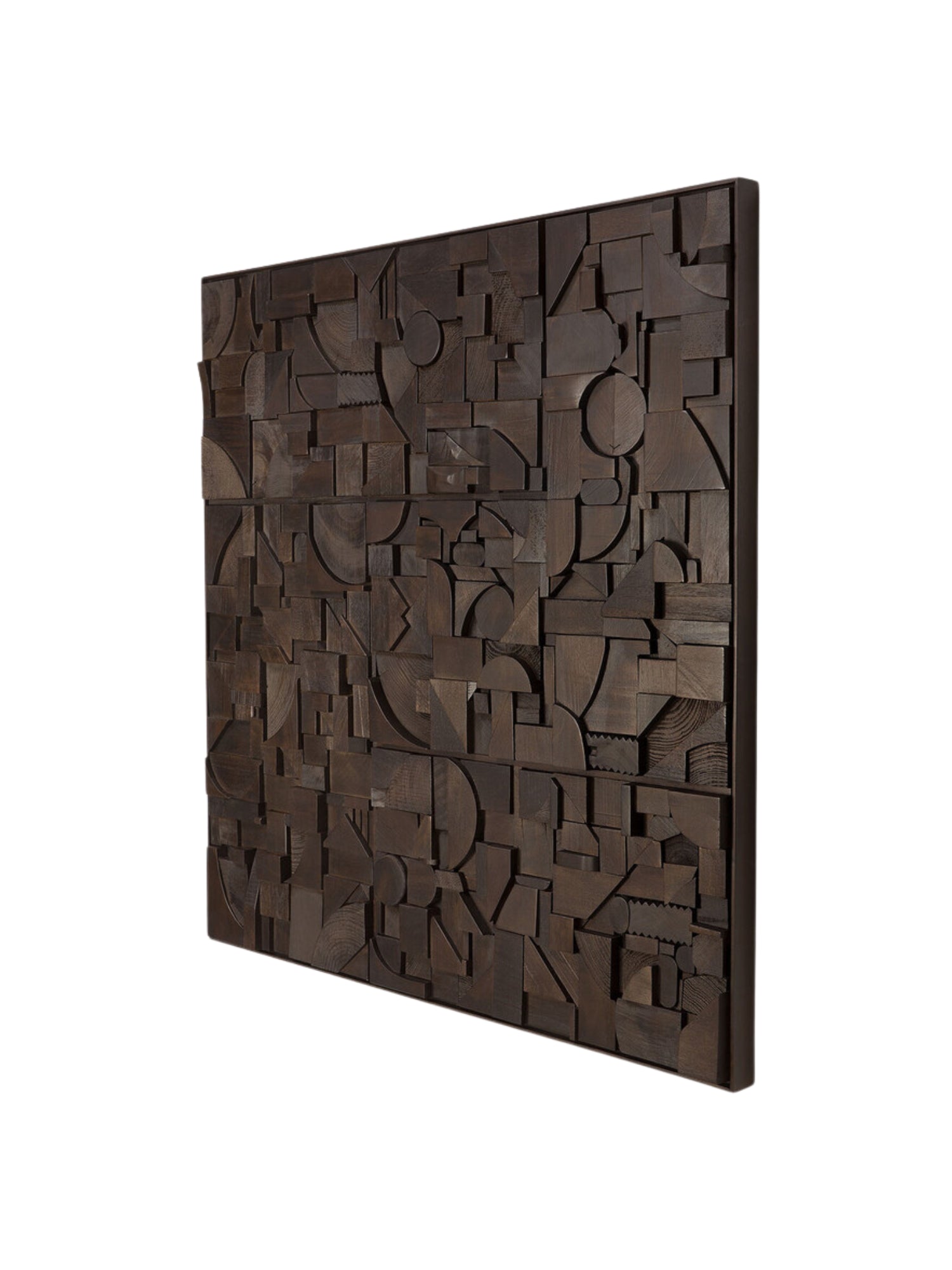 Ethnicraft Bricks Wall Art, a striking dark brown solid wood wall sculpture featuring a geometric abstract design with dimensional relief and varied carved shapes like squares, circles, and triangles. This contemporary wood art piece showcases rich espresso tones and visible wood grain, creating a textured, brutalist-inspired focal point. Perfect for modern minimalist living rooms, industrial chic dining areas, or a sophisticated home office.
