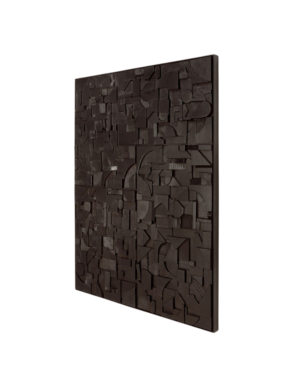Ethnicraft Bricks Wall Art, a contemporary abstract wall panel crafted from dark brown solid wood, featuring a rich, dimensional relief of interlocking geometric shapes and carved textures. This sculptural wood art piece creates a striking focal point for modern living rooms, dining rooms, or sophisticated office spaces.
