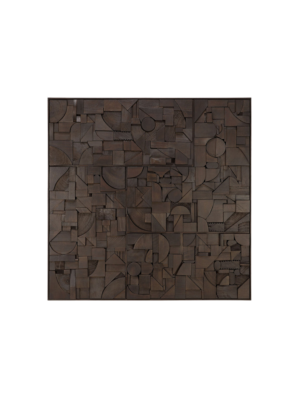 Ethnicraft Bricks Wall Art, a square modern abstract wood wall sculpture handcrafted from solid dark brown wood blocks with a rich, deep finish.