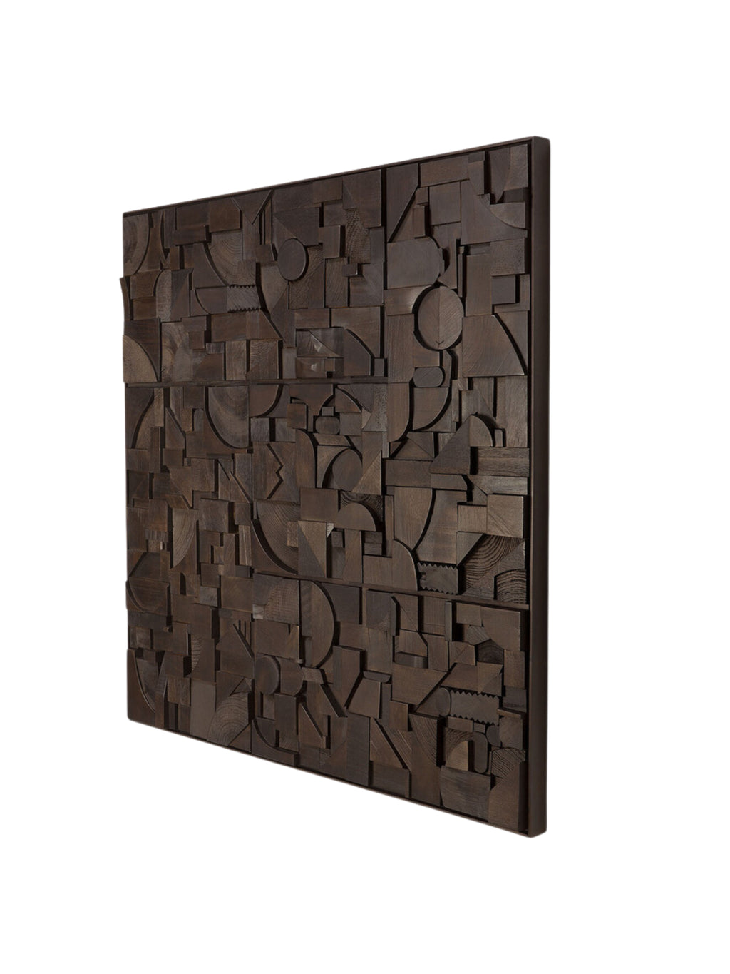 Ethnicraft Bricks Wall Art, a dimensional dark brown solid wood wall sculpture featuring an abstract geometric composition of various carved wood blocks.