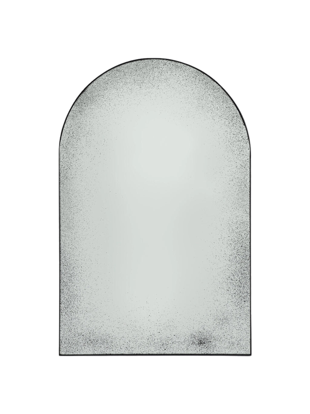 Ethnicraft Clear Gate Wall Mirror, an industrial chic arched wall mirror featuring a distressed, antiqued glass surface with a subtle speckled texture, framed by a sleek matte black metal border. Its unique arch-top silhouette evokes a vintage gate design, adding depth and character. Perfect for enhancing entryways, living rooms, or modern farmhouse bathrooms with a rustic yet contemporary touch.