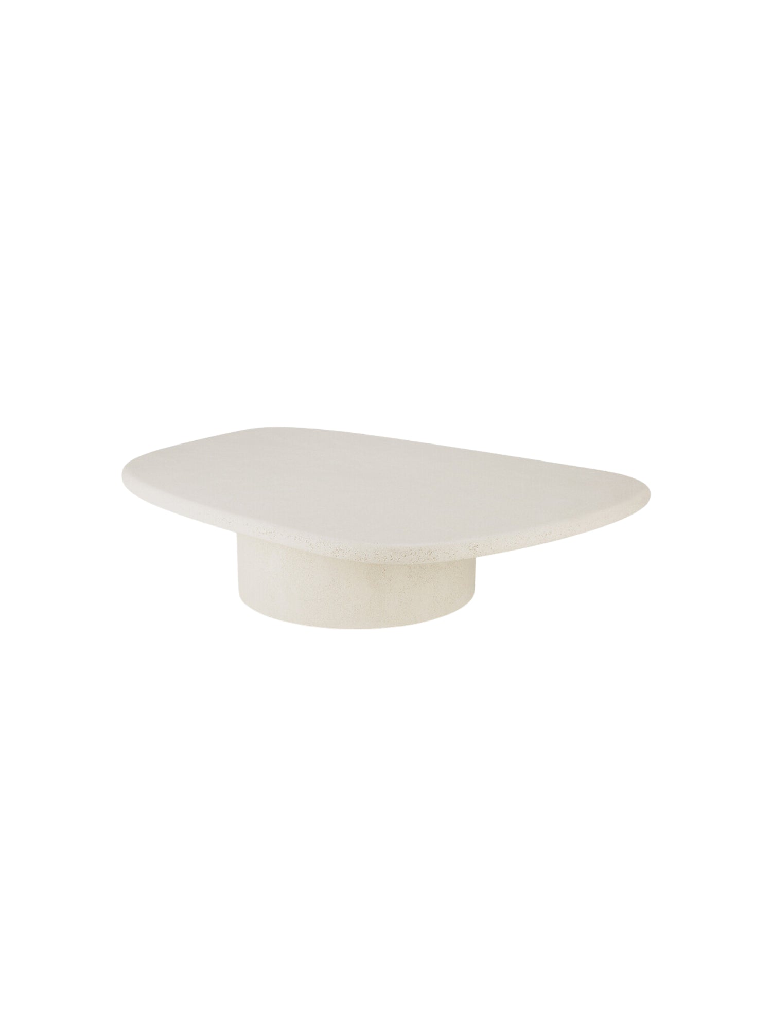Ethnicraft Elements Coffee Table, showcasing its elegant pebble shape and light beige microcement finish from a slightly angled side view, with a solid, minimalist cylindrical base on white.