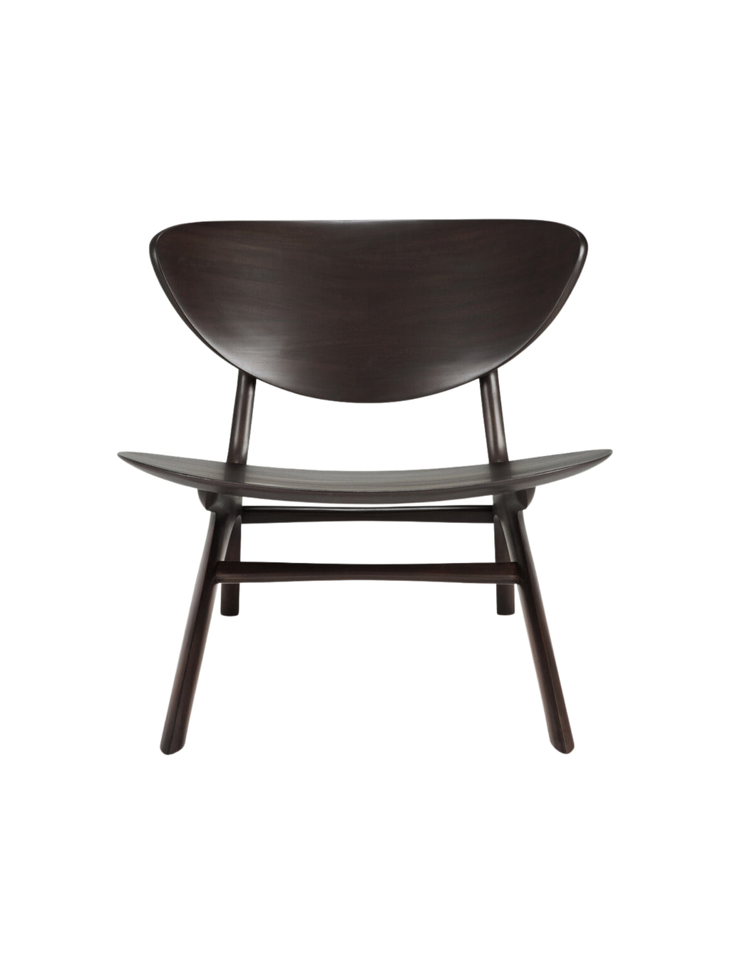 Ethnicraft Eye Lounge Chair, a sleek mid-century modern lounge chair crafted from dark brown solid wood, featuring a distinctive curved, ergonomic backrest and a subtly scooped seat for comfort. Its minimalist design and organic lines make it a perfect Scandinavian accent chair or contemporary furniture piece for a living room, reading nook, or bedroom.