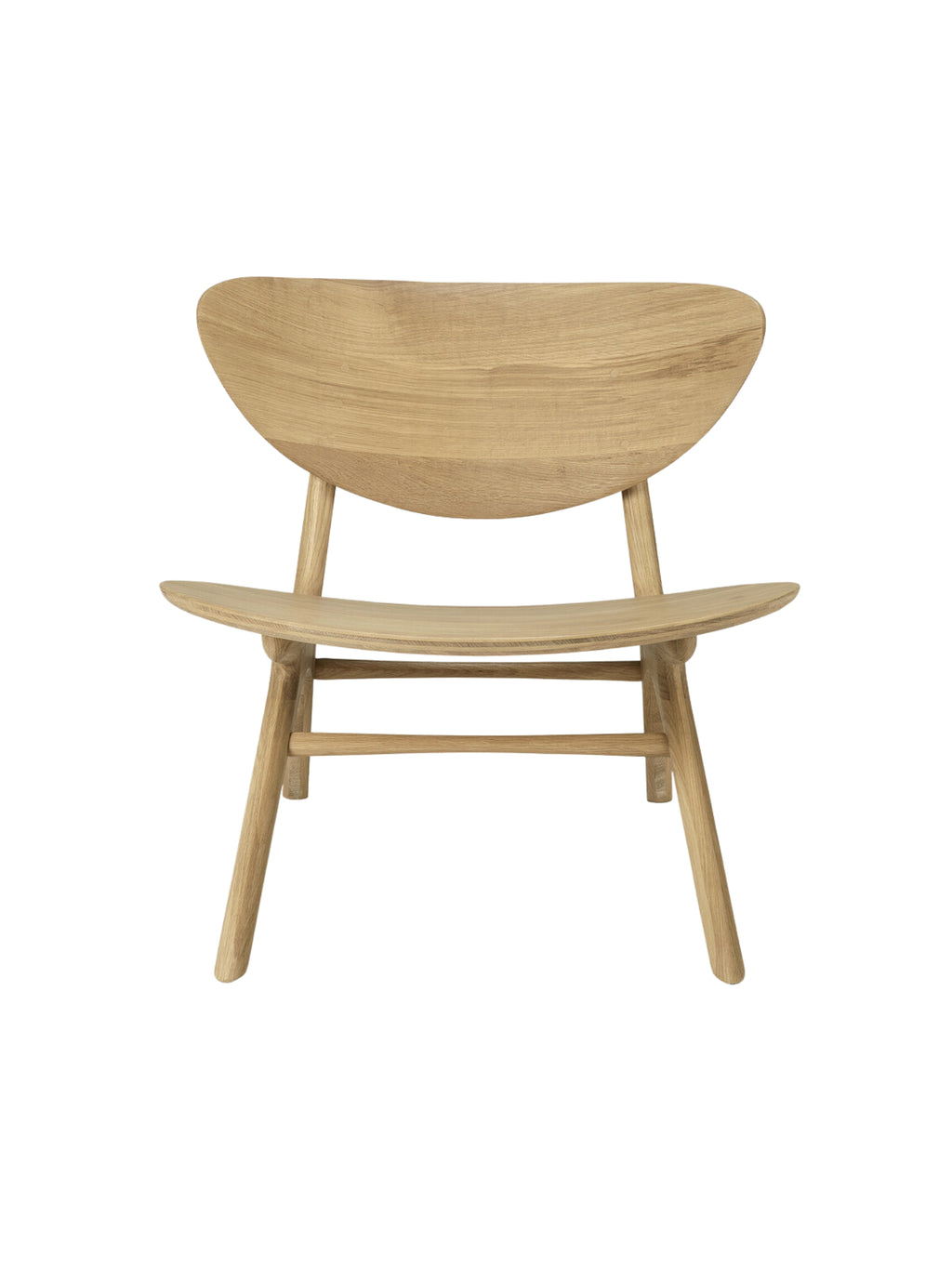 Ethnicraft Eye Lounge Chair, a Scandinavian solid oak lounge chair featuring an iconic crescent-shaped backrest and a gently curved seat, all crafted from natural light oak with a smooth, visible wood grain.
