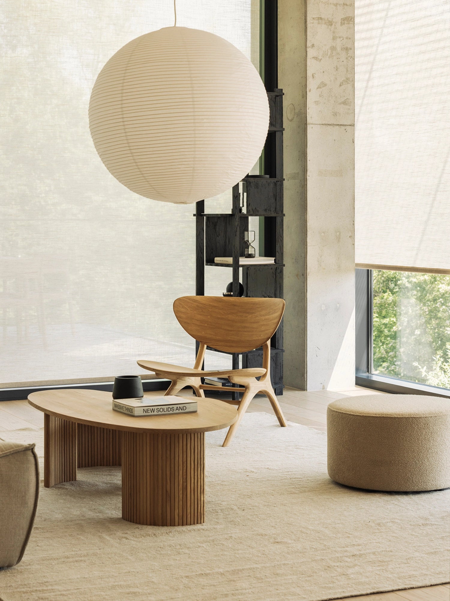 Ethnicraft Eye Lounge Chair, a stunning organic modern lounge chair crafted from light natural solid oak wood, featuring a distinctive sculpted curved backrest that resembles an eye, a gently contoured seat, and elegantly angled legs. This contemporary wood chair is perfect for adding a touch of Scandinavian elegance or minimalist design to any living room, reading nook, or bedroom accent.