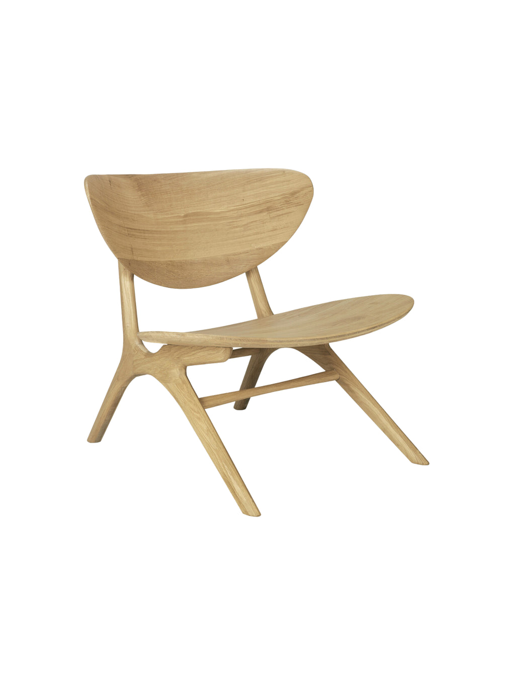 Ethnicraft Eye Lounge Chair, a striking mid-century modern lounge chair crafted from solid natural oak wood with a light finish. It features an organically curved backrest and a wide, sculpted seat, supported by a unique, sculptural four-legged base with angled lines. This minimalist and contemporary solid oak chair is ideal for a Scandinavian living room, modern bedroom accent, or stylish reading nook.