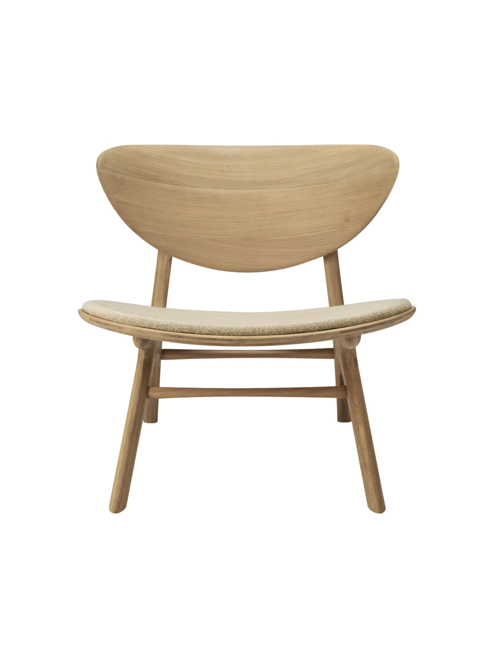 Ethnicraft Eye Lounge Chair, a contemporary Scandinavian lounge chair crafted from solid oak wood with a natural light finish, featuring a distinctive curved backrest and a sculpted seat upholstered in a light beige woven fabric.