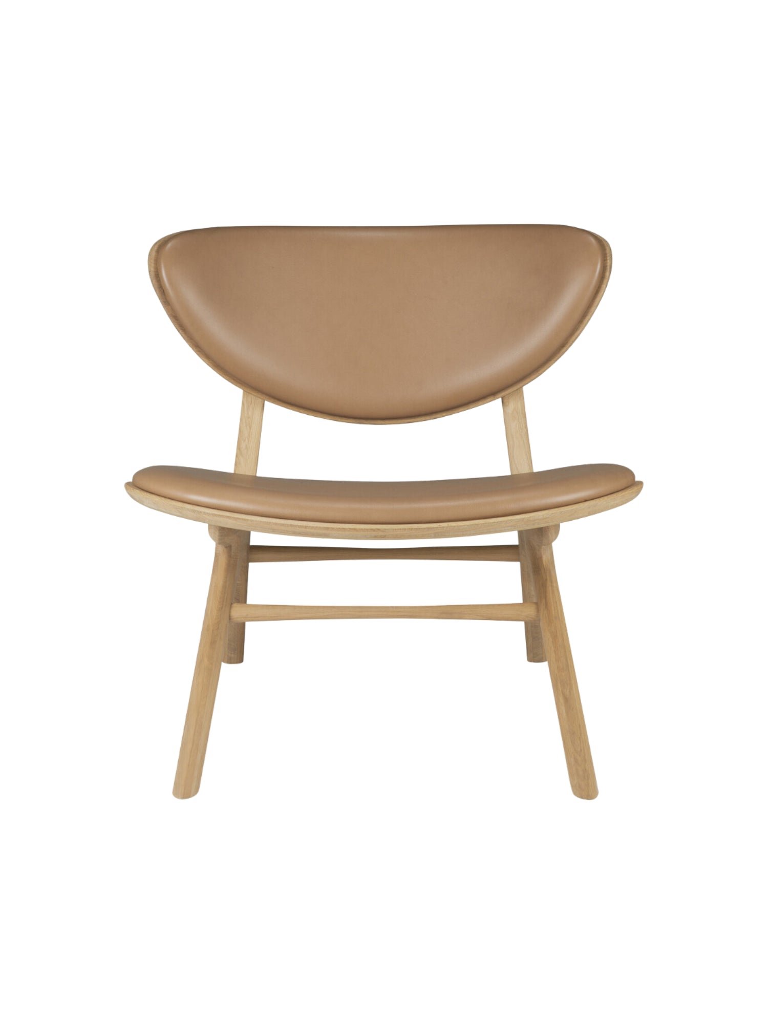 Ethnicraft Eye Lounge Chair, a Scandinavian-inspired lounge chair crafted from natural light oak wood, featuring a gracefully curved, eye-shaped backrest and a matching ergonomic seat upholstered in smooth tan leather.