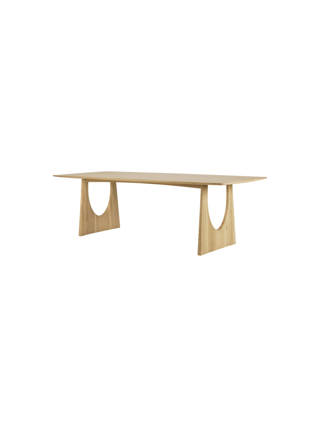 Ethnicraft Geometric Dining Table, a modern minimalist dining table crafted from light natural solid oak with a clean rectangular top featuring subtly tapered ends. Its distinctive sculptural design is highlighted by two elegant U-shaped pedestal bases, offering a contemporary organic modern aesthetic. Perfect for Scandinavian or minimalist dining rooms and open-plan living spaces.