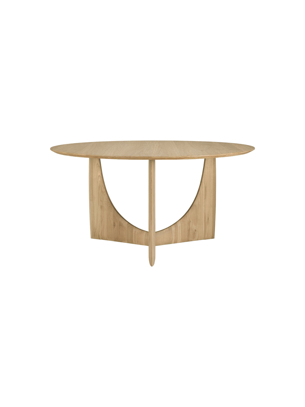 Ethnicraft Geometric Dining Table, a modern round dining table crafted from solid natural oak wood, featuring a smooth light wood finish and a striking sculptural geometric base. The unique pedestal base combines curved and straight elements, creating an open, architectural design, perfect as a contemporary dining room centerpiece for organic modern or minimalist interiors.