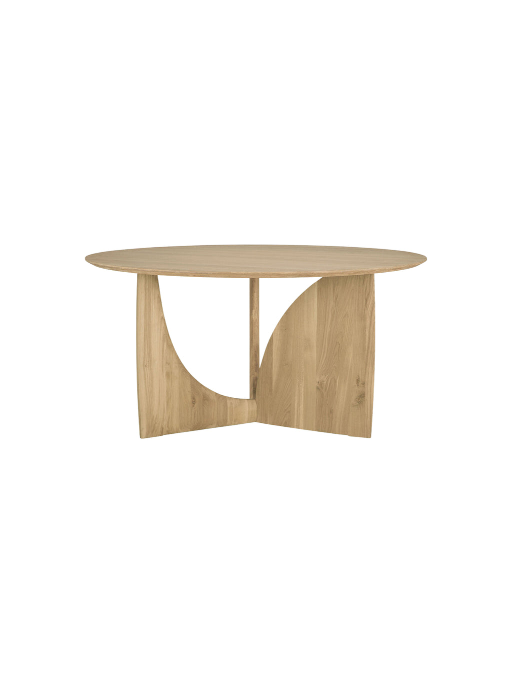 Ethnicraft Geometric Dining Table, a modern round dining table crafted from natural solid oak with a light wood finish and a uniquely sculptural, geometric base featuring curved, organic shapes. This contemporary solid oak table is perfect for minimalist dining rooms or organic modern kitchen spaces.